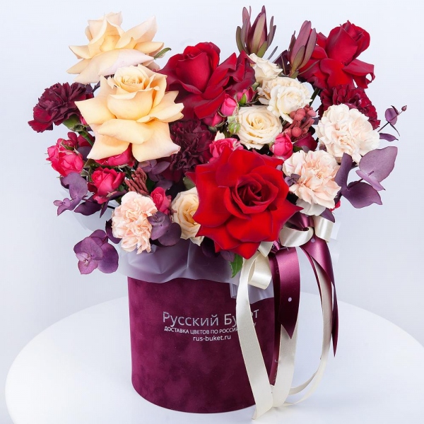 Rose Red 50 cm Ecuador - 5, Cream Rose 50 cm Ecuador (Creme Caramel) - 4, Spray rose: red 50 cm - 2, Carnation white, cream - 4, Spray rose: white, cream, light pink 50 cm - 3, Carnation red - 5, Round flower box small , Oasis, Eucalyptus Cinerea, Leukodendron, Brunia Green Lanuginosa (1 pc.), Wrapping Paper