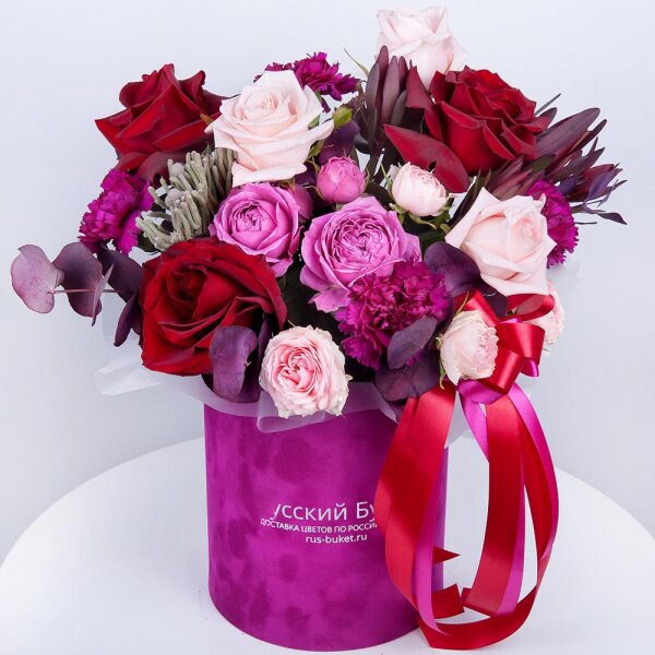 Rose Red 50 cm Ecuador - 3, Pink rose 50 cm - 4, Spray peony rose Misty Bubbles, 50 cm - 3, Pink carnation - 5, Round flower box small , Oasis, Brunia Green Lanuginosa (1 pc.), Eucalyptus Cinerea, Leukodendron, Ribbon, Wrapping Paper