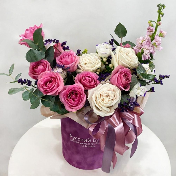 Rose pink Kenya - 13, White rose 50 cm - 5, Pink Matthiola - 2, Purple Lisianthus (Eustoma) - 2, Round flower box small , Oasis, Eucalyptus Cinerea, Limonium (1 pc.), Hypericum, Ribbon, Wrapping Paper