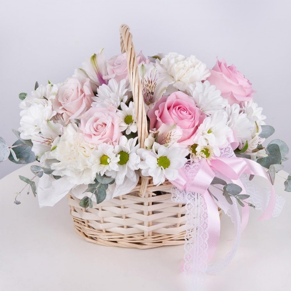 Pink rose 50 cm - 7, Carnation white, cream - 4, Alstromeria white, soft pink - 3, Bacardi White Spray Chrysanthemum - 4, Small Basket, Oasis, Eucalyptus Cinerea, Wrapping Paper