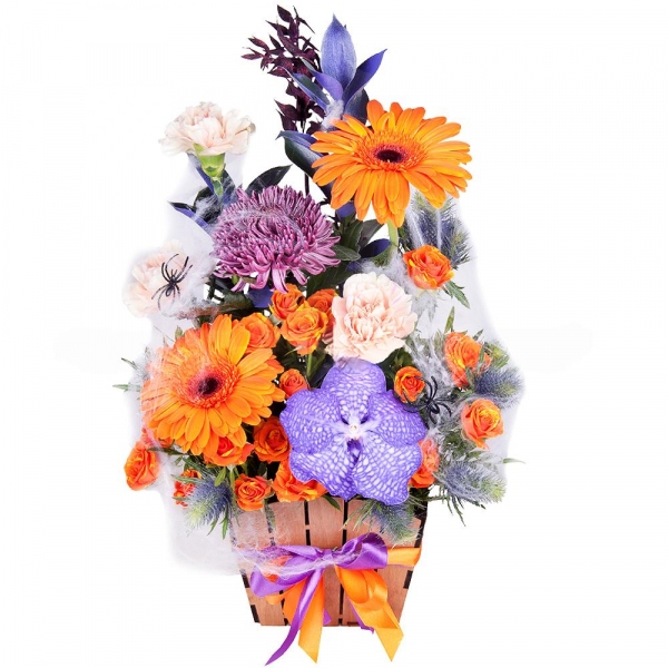 Gerbera daisies - 2, Chrysanthemum Bigoudi purple - 2, Spray rose: yellow, orange 50 cm - 3, Vanda Orchid bud - 2, Carnation white, cream - 5, Wooden pot, Oasis, Ruscus, Pistachio, Flask for orchids, Eryngium, Dried flowers decor, Decorative element small, Ribbon