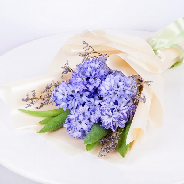 Blue Hyacinth - 7, Limonium (1 pc.), Wrapping Paper, Ribbon