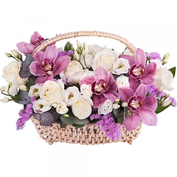 Pink Cymbidium Orchid Bud - 9, White rose 50 cm - 11, lisianthus - 3, Medium Basket, Oasis, Eucalyptus Cinerea, Flask for orchids, Pink Statice