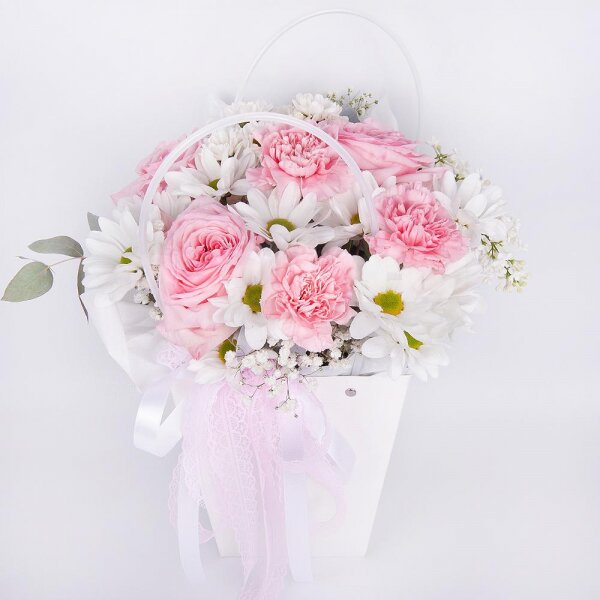 Peony style roses - 3, Pink carnation - 5, Bacardi White Spray Chrysanthemum - 4, Gypsophila - 1, Flower bag, Eucalyptus Cinerea, Oasis, Ribbon