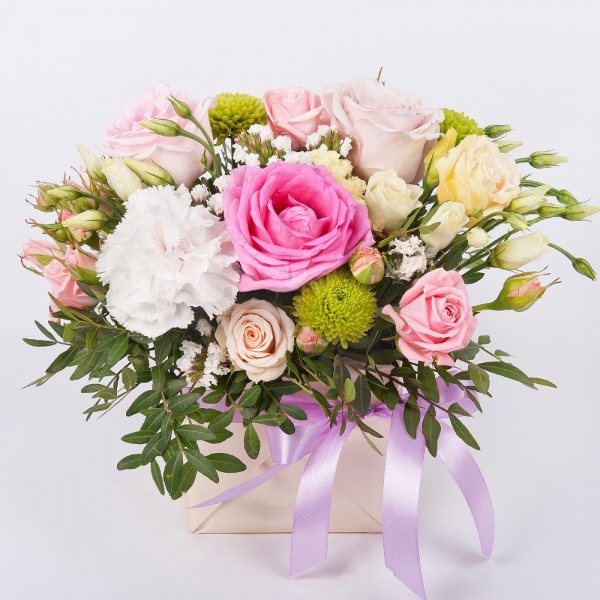 Carnation white, cream - 3, Rose Powder 50 cm Ecuador (Quicksand, Menta) - 1, Spray rose: white, cream, light pink 50 cm - 1, Athos pom Feeling Green - 2, Pink rose 50 cm - 2, lisianthus - 1, Oasis, Wrapping Paper, Pistachio, White statice