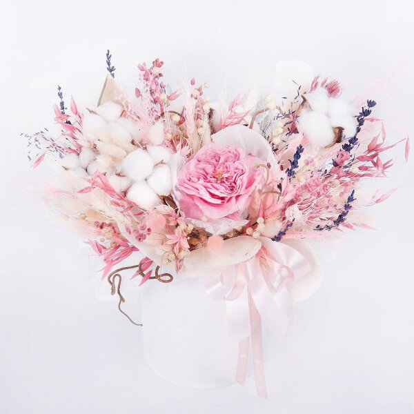 Peony style roses - 1, Round flower box small , Oasis, Cotton bud, Dried flowers in assortment, Ribbon, Wrapping Paper