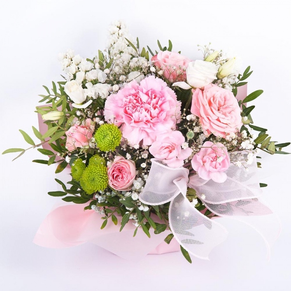 Pink carnation - 3, Gypsophila - 1, Bright pink spray rose mix, 50 cm - 2, Pink spray carnation - 2, Athos pom Feeling Green - 2, White statice, Pistachio, Oasis, Wrapping Paper