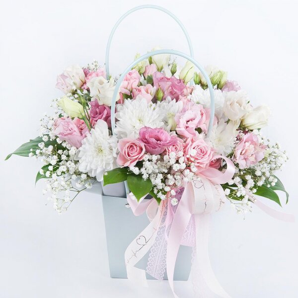 Gypsophila - 1, Baltica White Spray Chrysanthemum - 3, Bright pink spray rose mix, 50 cm - 2, Pink Lisianthus (Eustoma) - 2, Pink spray carnation - 3, Flower bag, Oasis, Ruscus, Ribbon