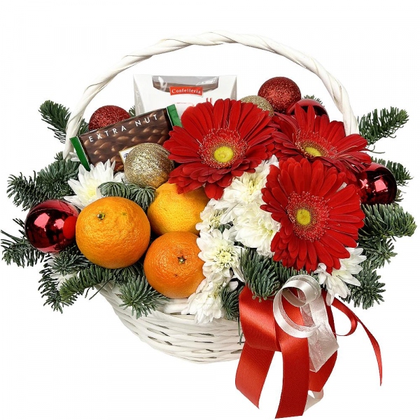 Gerbera red - 3, Baltica White Spray Chrysanthemum - 3, Medium Basket, Oasis, Spruce branches (1pc.), Tangerine, 1 pc., Chocolate Ritter Sport 100g, Box of candies «Raffaello» 150 g, Ribbon, Christmas decor (set)