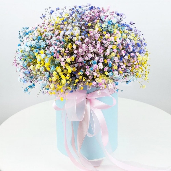 Colored gypsophila - 11, Round flower box small , Oasis, Ribbon