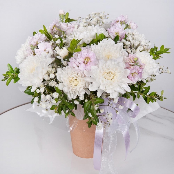 Baltica White Spray Chrysanthemum - 1, Gypsophila - 2, Matthiola Lilac - 2, Cardboard pot (cup), Oasis, Pistachio, Wrapping Paper