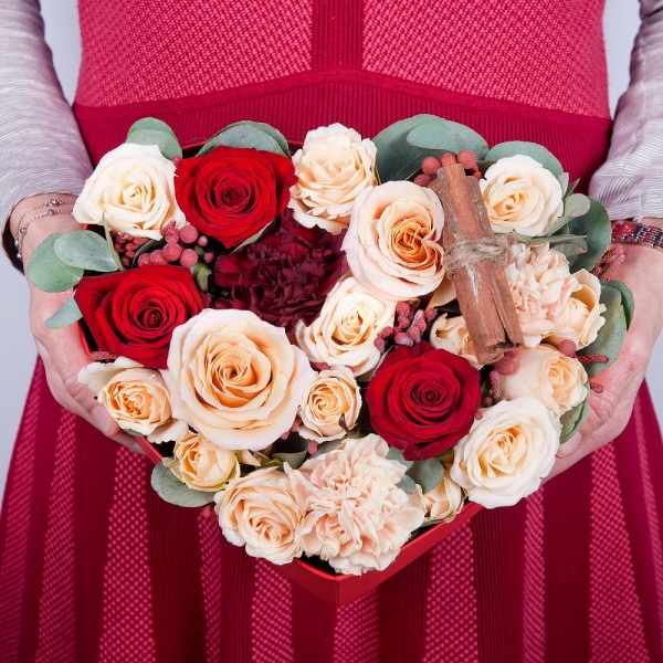 Red rose 50 cm - 4, Rose Cream 50 cm - 3, Carnation white, cream - 3, Spray rose: white, cream, light pink 50 cm - 4, Carnation red - 2, Heart‑shaped box for arrangements, Oasis, Cinnamon decorative packaging, Eucalyptus Cinerea, Brunia Green Lanuginosa (1 pc.)