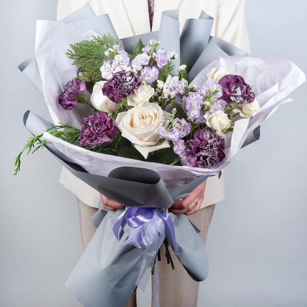 Peony style roses - 3, Spray rose: white, cream, light pink 50 cm - 2, Lilac carnation - 9, Matthiola Lilac - 2, Thuja, White statice, Wrapping Paper