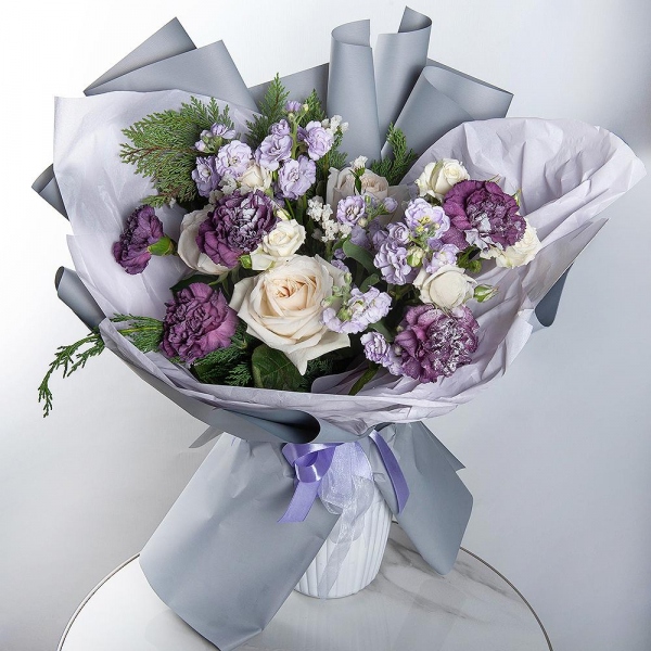 Peony style roses - 3, Spray rose: white, cream, light pink 50 cm - 5, Lilac carnation - 11, Matthiola Lilac - 2, Thuja, White statice, Wrapping Paper