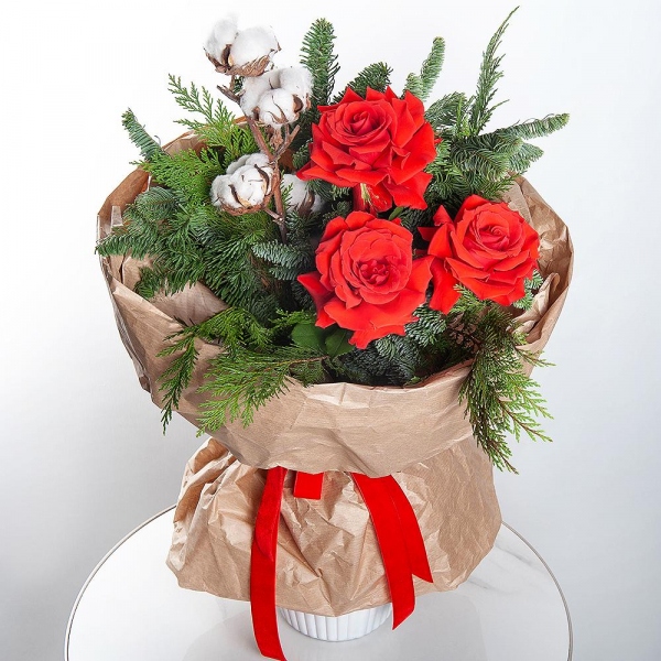 Rose Red 50 cm Ecuador - 7, Spruce branches (1pc.), Thuja, Cotton branch, Wrapping Paper