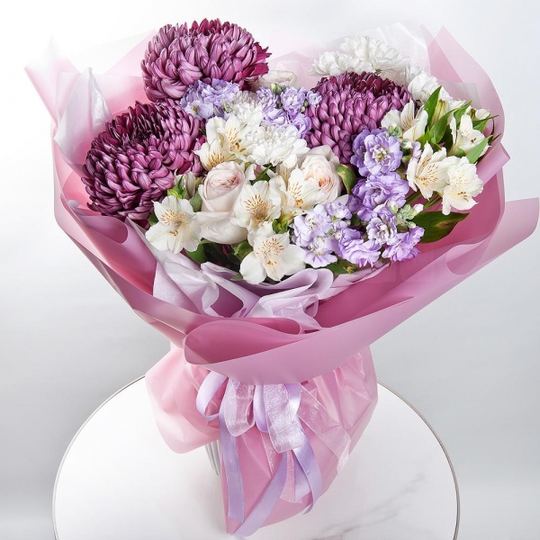 Chrysanthemum Bigoudi purple - 3, Matthiola Lilac - 2, Alstromeria white, soft pink - 11, Peony style roses - 3, Baltica White Spray Chrysanthemum - 2, Wrapping Paper
