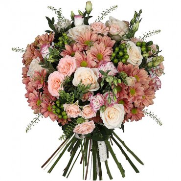 Rose Cream 50 cm - 7, Spray rose 50 cm (multiple small blooms on a stem) - 4, Bacardi Pink Spray Chrysanthemum - 4, lisianthus - 4, Hypericum, Green bell (1 pc.), Eucalyptus parvifolia (1 pc.), Lace