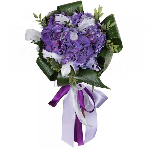 Blue/purple hydrangea - 1, Aspidistra (1 pc.), Eucalyptus parvifolia (1 pc.), Feathers decor., Ribbon