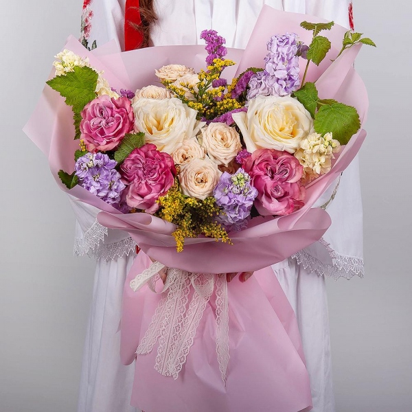 White rose 50 cm Ecuador - 5, Pink rose Country Blues 50 cm - 3, Spray rose: white, cream, light pink 50 cm - 4, Matthiola Lilac - 3, White Matthiola - 2, Pink Statice, Solidago (1 pc.),  Raspberry branch, Wrapping Paper