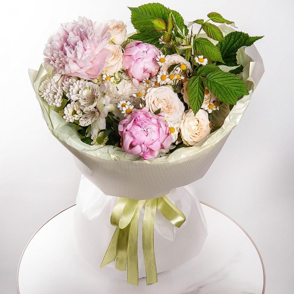 Peony pink - 3, Baltica White Spray Chrysanthemum - 1, Chamomile - 2, Spray rose: white, cream, light pink 50 cm - 2, Alstromeria white, soft pink - 5, Santini White Spray Chrysanthemum - 1,  Raspberry branch, Wrapping Paper