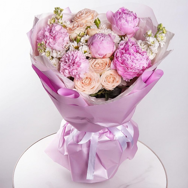 Peony pink - 3, White Matthiola - 3, Pink carnation - 6, Baltica White Spray Chrysanthemum - 1, Spray rose: white, cream, light pink 50 cm - 2, Santini White Spray Chrysanthemum - 1, Wrapping Paper