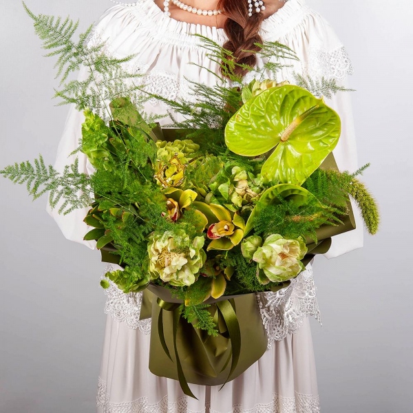 Rose Veggie 50 cm - 5, Green Hydrangea - 1, Green Cymbidium Orchid Bud - 3, Green carnation - 7, Anthurium, Flask for orchids, Leukodendron, Asparagus setaceus (1 pc.), Moluccella, Panicum, Decorative crown, Wrapping Paper