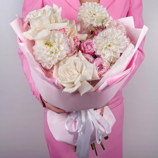 White rose 50 cm Ecuador - 7, White Dahlia - 3, Peony sprayrose - 1, Pink Lisianthus (Eustoma) - 2, Pink spray carnation - 8, Baltica White Spray Chrysanthemum - 1, Wrapping Paper
