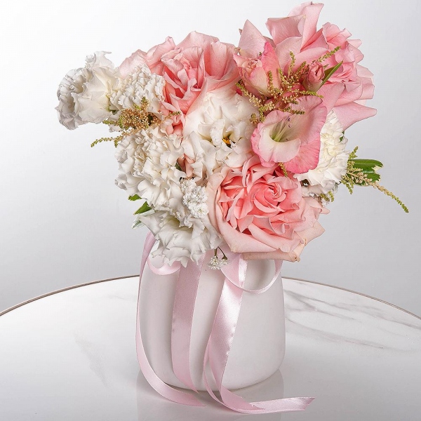 Rose Pink 50 cm Ecuador (Chelo, Hermosa, Novia, Titanik, Engagement, Pink Mondiale) - 7, Pink Gladiolus - 1, lisianthus - 3, Carnation white, cream - 8, Astilbe, Ribbon