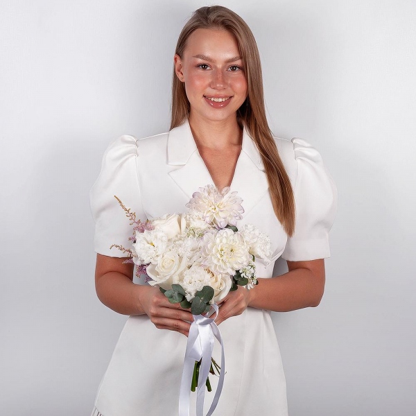 White Dahlia - 2, lisianthus - 3, White rose 50 cm Ecuador - 7, Carnation white, cream - 7, Astilbe, Ozotamnus, Eucalyptus, Ribbon