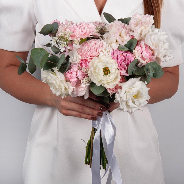 Pink carnation - 7, Pink spray carnation - 8, lisianthus - 3, Peony sprayrose - 1, Pink Lisianthus (Eustoma) - 3, Eucalyptus, Limonium (1 pc.), Ribbon