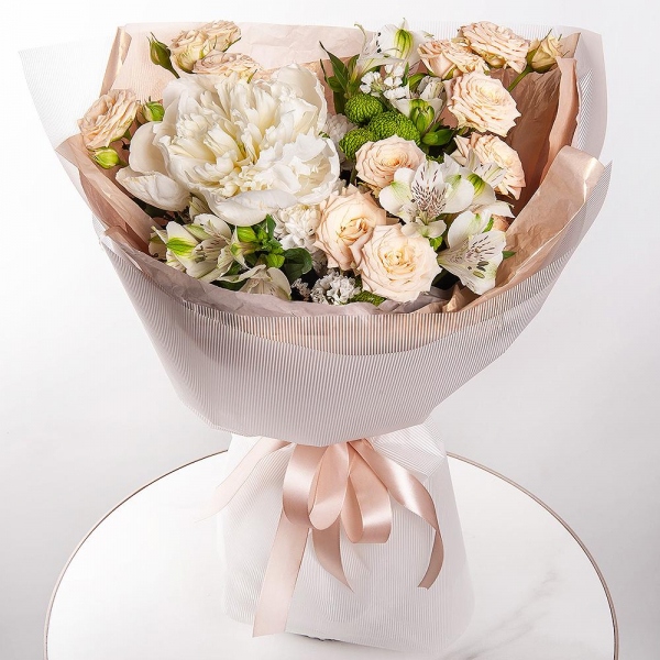 Peony white - 1, Baltica White Spray Chrysanthemum - 1, Spray rose: white, cream, light pink 50 cm - 3, Alstromeria white, soft pink - 9, Athos pom Feeling Green - 1, White statice, Wrapping Paper