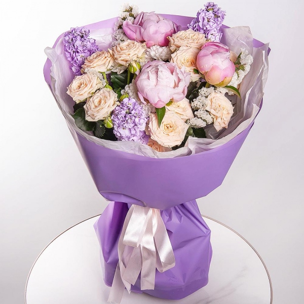 Peony pink - 3, Matthiola Lilac - 3, Baltica White Spray Chrysanthemum - 7, Spray rose: white, cream, light pink 50 cm - 2, White statice, Wrapping Paper