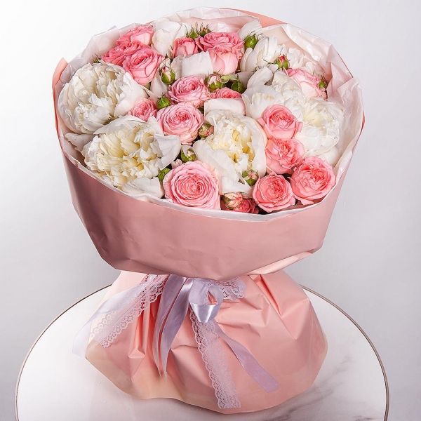 Peony white - 7, Bright pink spray rose mix, 50 cm - 13, Wrapping Paper
