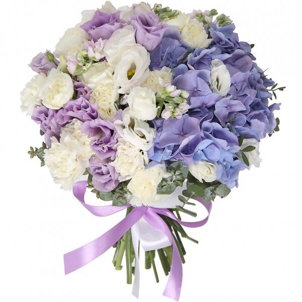 Blue/purple hydrangea - 1, lisianthus - 2, Matthiola Lilac - 3, Purple Lisianthus (Eustoma) - 1, Eucalyptus baby blue (1 pc.), Pistachio, Ribbon, White spray carnation