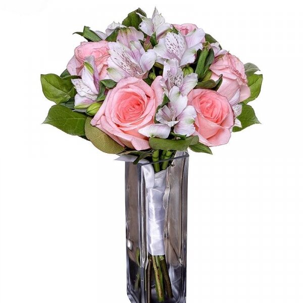 Pink rose 50 cm - 5, Alstromeria lilac, purple - 3, Ribbon, Salal