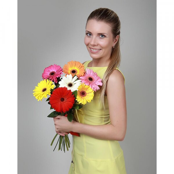 Gerbera yellow - 3, Gerbera white - 1, Gerbera daisies - 1, Gerbera red - 1, Gerbera pink - 1, Purple gerbera - 2, Ribbon, Aspidistra (1 pc.)