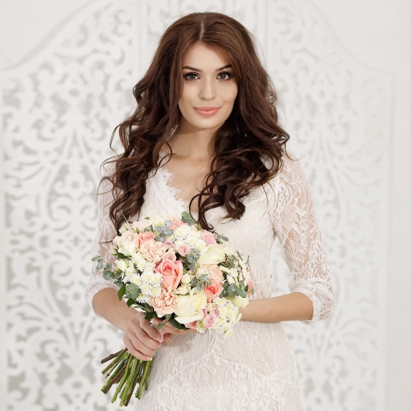Pink rose 50 cm - 9, White rose 50 cm - 6, Spray rose: white, cream, light pink 50 cm - 10, Carnation white, cream - 7, Athos poms Stallion - 7, Eucalyptus parvifolia (1 pc.), Wrapping Paper, Ribbon