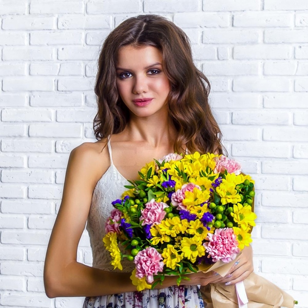 Bacardi Yellow Spray Chrysanthemum - 8, Pink carnation - 9, Blue Statice, Hypericum, Pistachio, Wrapping Paper, Ribbon