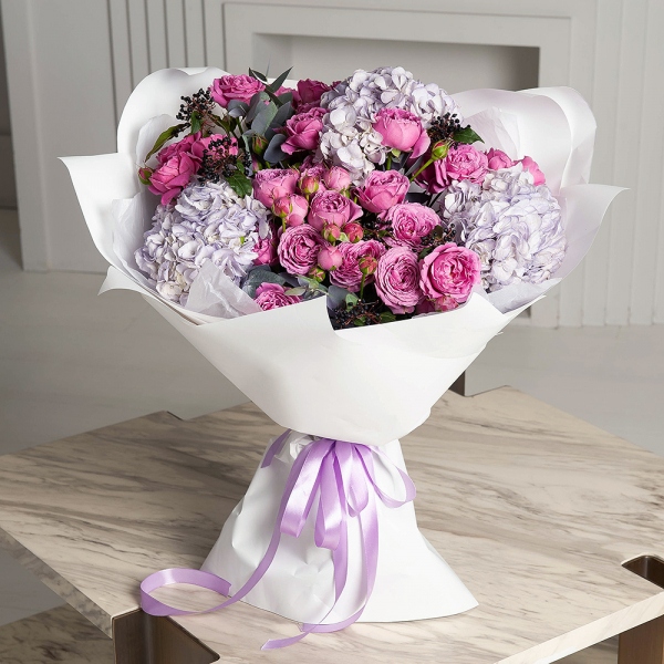 Blue/purple hydrangea - 3, Spray peony rose Misty Bubbles, 50 cm - 13, Viburnum, Eucalyptus Cinerea, Wrapping Paper