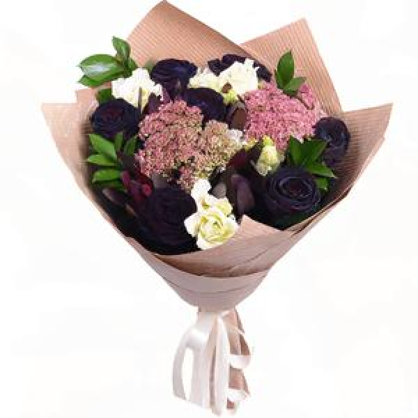 Rose black - 9, lisianthus - 6, Leukodendron, Sedum, Ruscus, Wrapping Paper, Ribbon