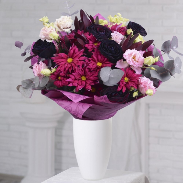 Rose black - 7, Bacardi Red Spray Chrysanthemum - 3, Pink Lisianthus (Eustoma) - 5, Leukodendron, Eucalyptus Cinerea, Wrapping Paper, Film, Ribbon