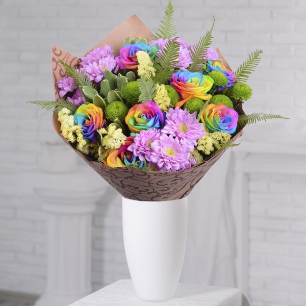 Rainbow rose - 11, Baltica Pink Spray Chrysanthemum - 4, Athos pom Feeling Green - 2, Ambrella, Pittosporum, Yellow Statice, Wrapping Paper