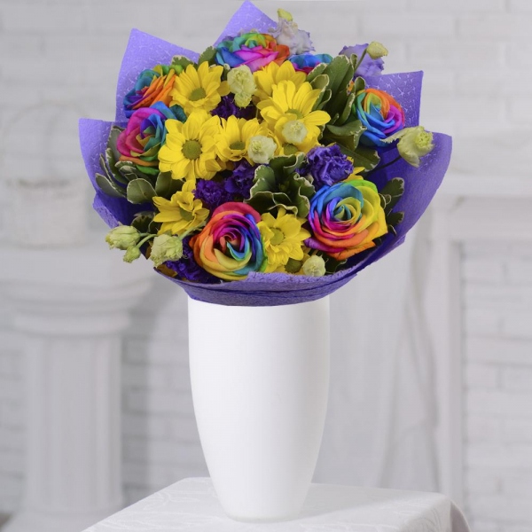 Rainbow rose - 9, Bacardi Yellow Spray Chrysanthemum - 3, Purple Lisianthus (Eustoma) - 5, Felt, Ribbon, Pittosporum