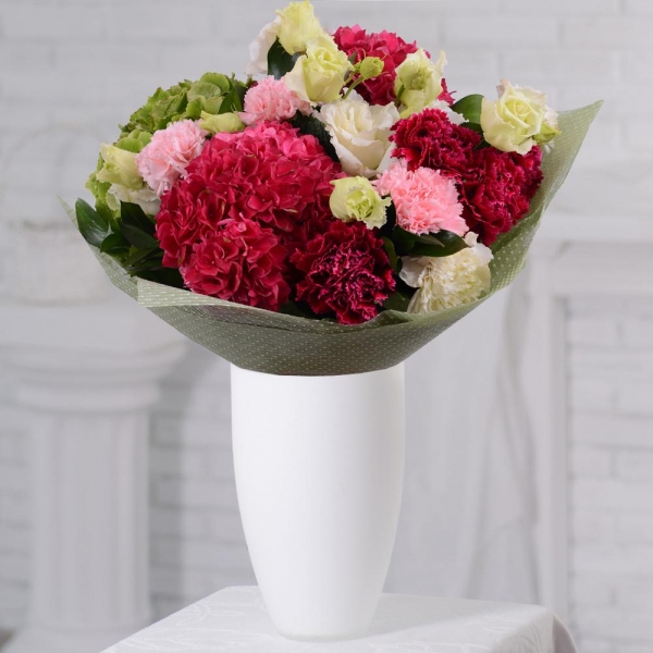 Pink Hydrangea - 2, Carnation red - 6, lisianthus - 4, Pink carnation - 4, Carnation white, cream - 4, Green Hydrangea - 2, Ruscus, Felt, Ribbon