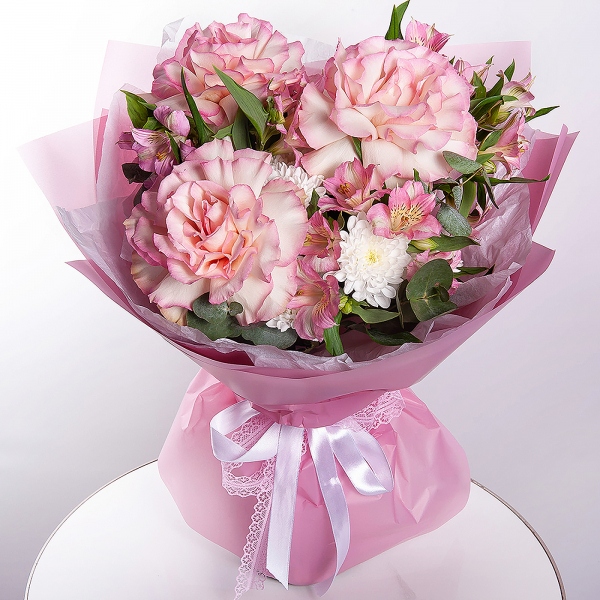 Rose Esperance - 5, Alstromeria white, soft pink - 4, Baltica White Spray Chrysanthemum - 2, Eucalyptus, Wrapping Paper