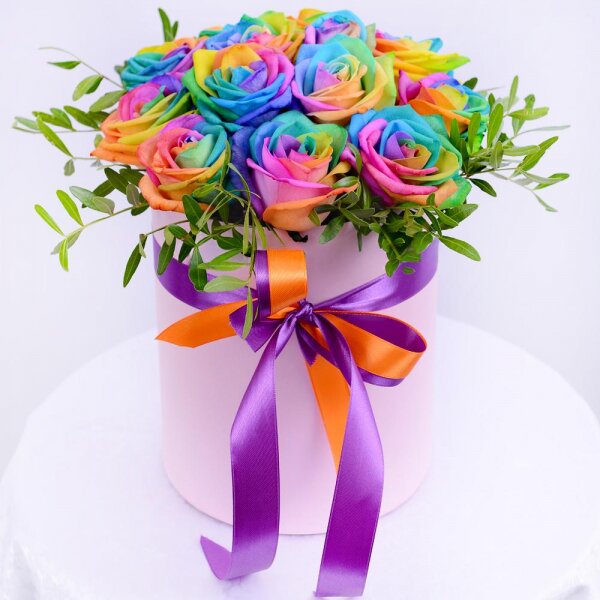 Rainbow rose - 17, Round flower box small , Oasis, Pistachio, Ribbon