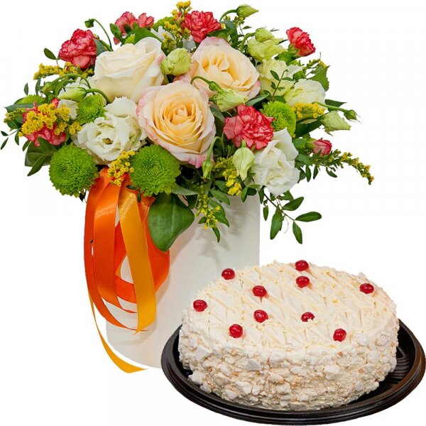 Rose Cream 50 cm - 3, Athos pom Feeling Green - 2, lisianthus - 2, Pink spray carnation - 2, Round flower box small , Oasis, Film, Solidago (1 pc.), Pistachio, Ribbon, Cake in assortment