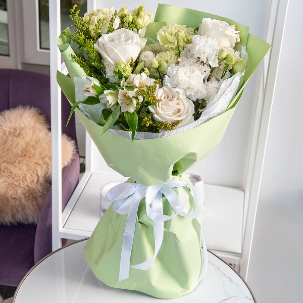 White rose 50 cm Ecuador - 3, Newton White Spray Chrysanthemum - 1, lisianthus - 3, Alstromeria white, soft pink - 6, Carnation white, cream - 11, Solidago (1 pc.), Wrapping Paper