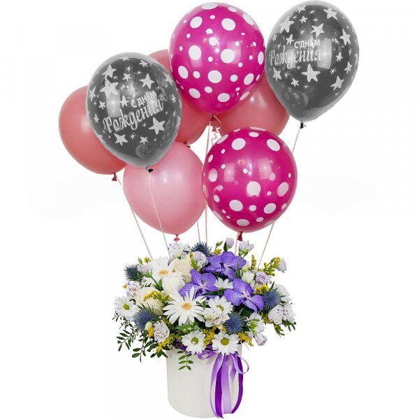 Vanda Orchid bud - 3, Gerbera white - 2, White rose 50 cm - 3, Bacardi White Spray Chrysanthemum - 3, Lilac carnation - 2, lisianthus - 4, Round flower box medium, Oasis, Film, Pistachio, Flask for orchids, Aspidistra (1 pc.), Eryngium, Solidago (1 pc.), Ribbon, Helium Balloon (1 pc.)