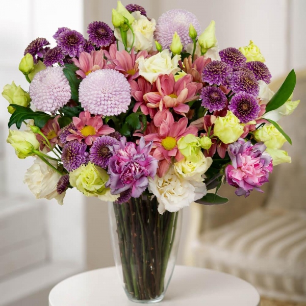 Daisy poms Santini pink, purple - 4, Momoko Chrysanthemum - 4, lisianthus - 4, Lilac carnation - 3, Bacardi Pink Spray Chrysanthemum - 4, Wrapping Paper, Ruscus